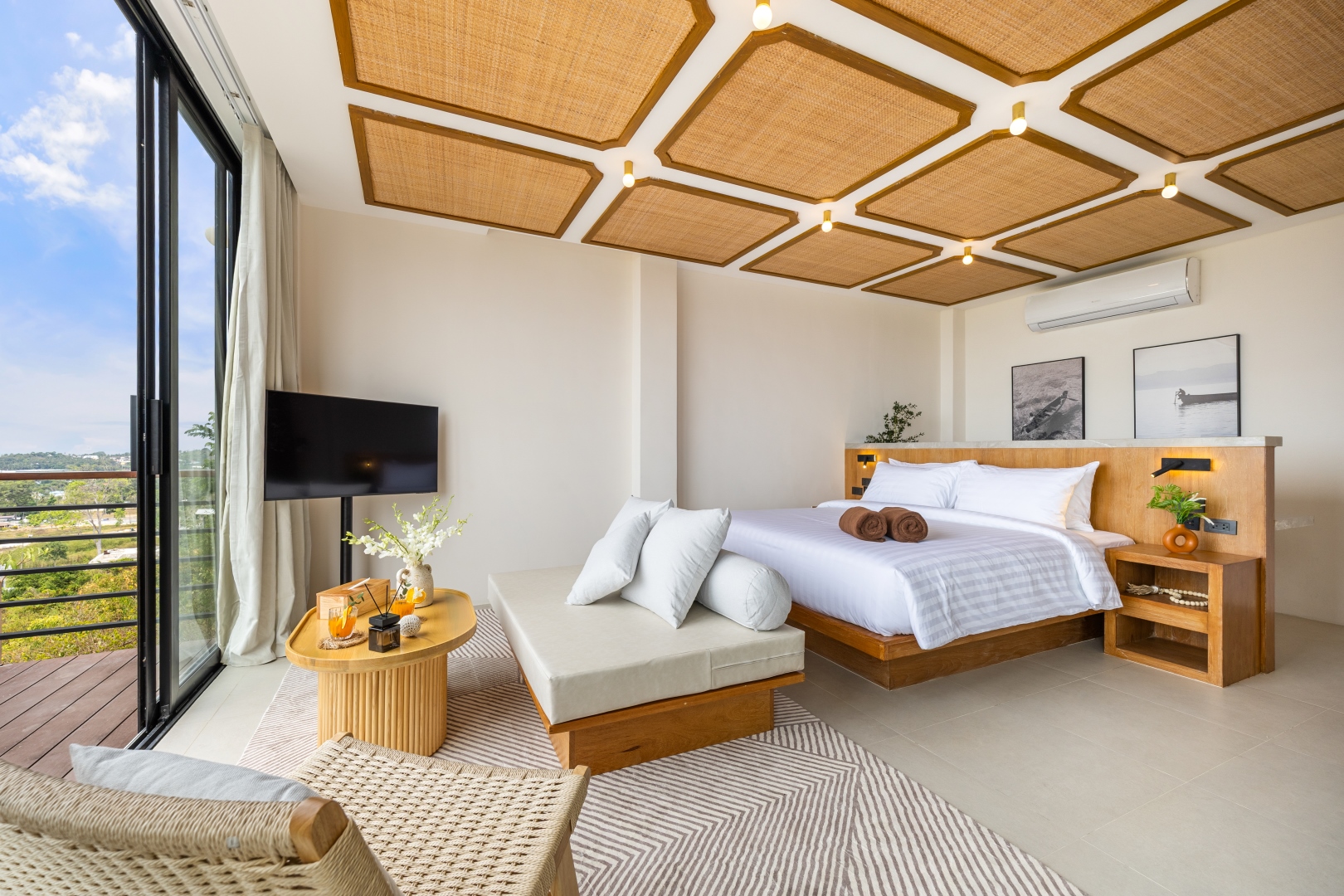 Mini Villa bedroom with rattan coffered ceiling